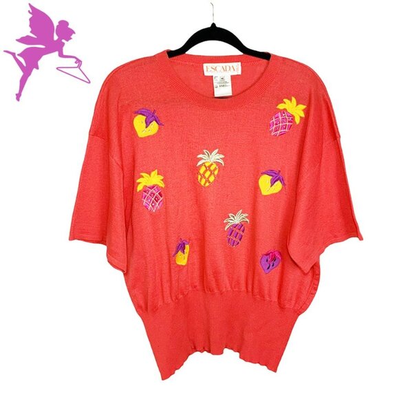Escada Sweaters - VINTAGE 1980's Escada Tropical Fruits Novelty Sweater